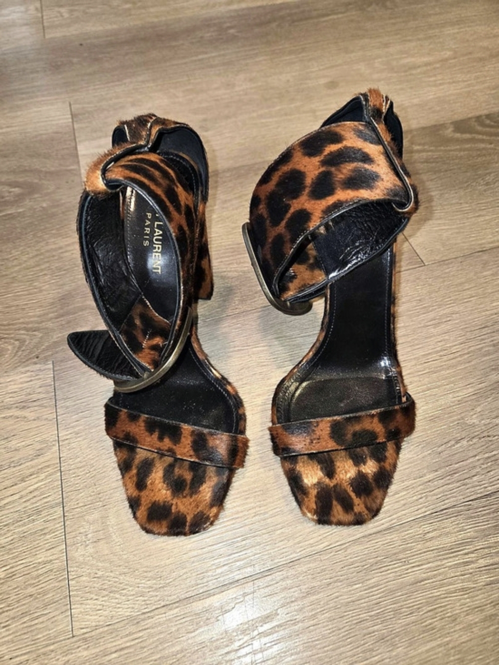 Saint Laurent Lily Leopard Calf Hair Ankle-Strap Sandals
